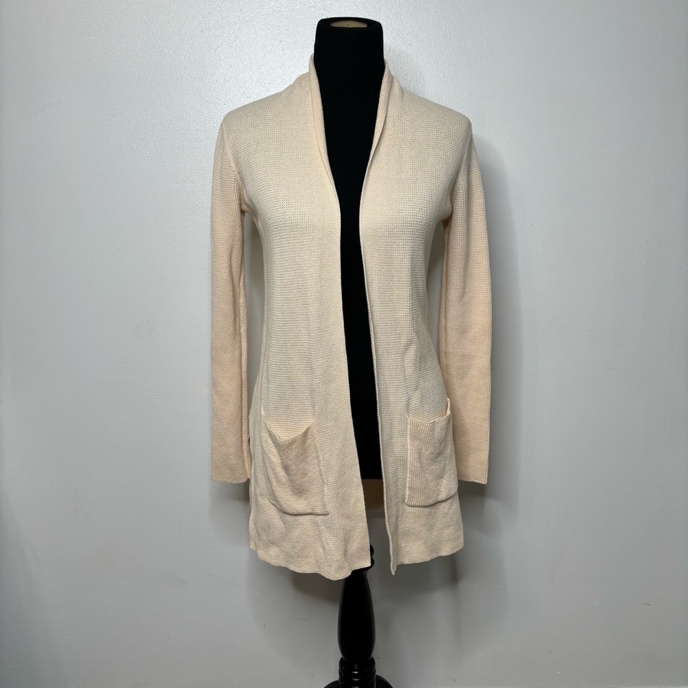 Margaret O’Leary Open Front Cardigan Women’s S Cream Cotton Knit Pockets Small